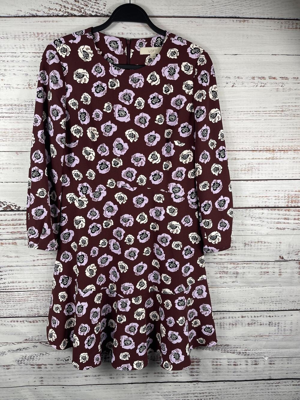 LOFT Dress Women's Size 4 Burgundy Purple Floral Print 3/4 Sleeve Fit & Flare